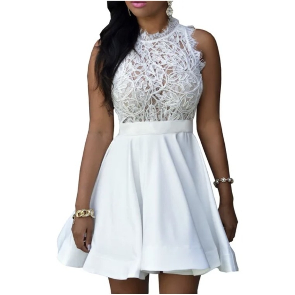 Elegant White Lace Sleeveless Mini Dress
